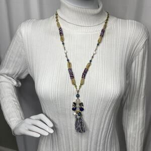 pendant tassel necklace blue and red bohemian costume jewelry neutral